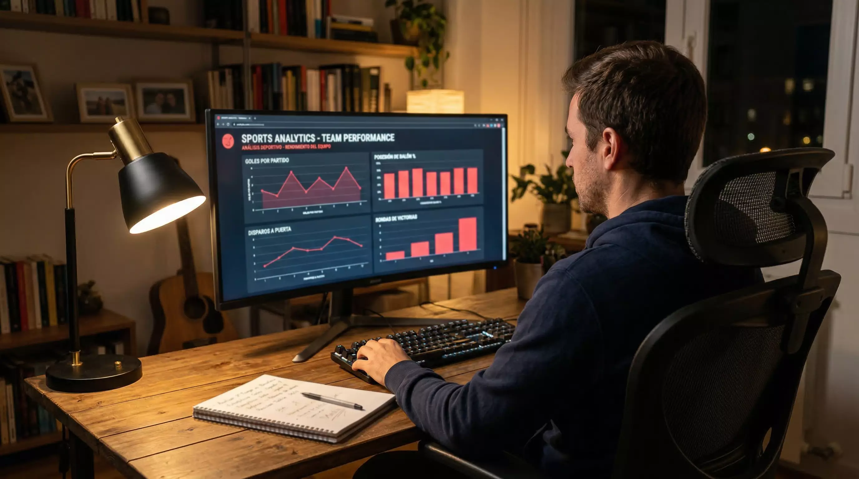 Analista revisando cuotas de Fórmula 1 en una pantalla con gráficos de probabilidades